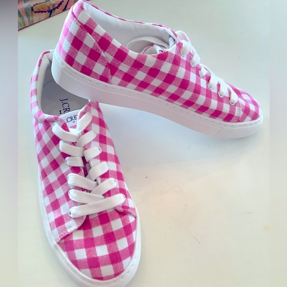 J. Crew Women’s Pink and White Check Roadtrip Sneakers Size 7.5